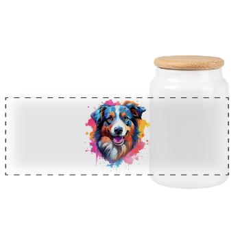 Colorful Splash Art Australian Shepherd Dog - Panoramic Cookie Jar with Wooden Lid - white - Front