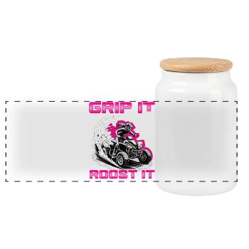 Quad ATV Woman Girl Four Wheeler - Panoramic Cookie Jar with Wooden Lid - white - Front
