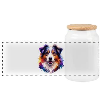 Colorful Aussie Polygon Art – Australian Shepherd - Panoramic Cookie Jar with Wooden Lid - white - Front