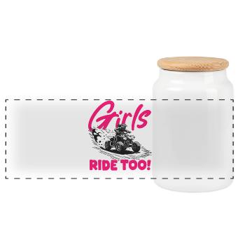 Quad ATV Woman Girl Four Wheeler - Panoramic Cookie Jar with Wooden Lid - white - Front