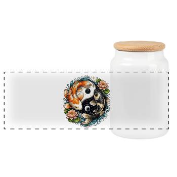 Koi Yin Yang floral et lotus - Boîte à biscuits avec couvercle en bois - blanc - Devant