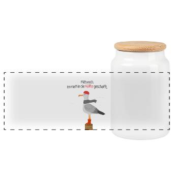  Lustiger Möwe Spruch  Mittwoch Halb Geschafft  - Panorama Keksdose mit Holzdeckel - Weiß - Vorne