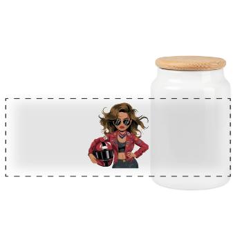 Cool biker with red leather jacket sunglasses - Panoramic Cookie Jar with Wooden Lid - white - Front
