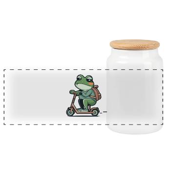 Cool frog with backpack on scooter to - Panoramic Cookie Jar with Wooden Lid - white - Front