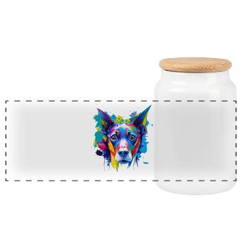 Doberman Pinscher Pop Art Buntes Hundegesicht - Panorama Keksdose mit Holzdeckel - Weiß - Vorne