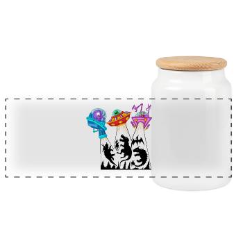 Aliens Abducting Dinosaurs Funny Cartoon UFO - Panoramic Cookie Jar with Wooden Lid - white - Front