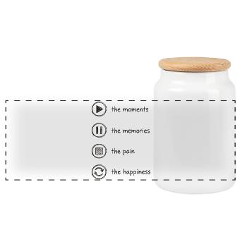 Mindfulness, Moments, Memories, Happiness - Panoramic Cookie Jar with Wooden Lid - white - Front