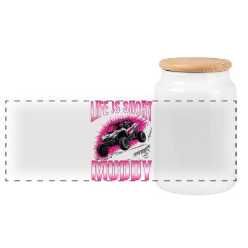UTV Off Road Girl Woman 4 Wheeler Side by side - Panoramic Cookie Jar with Wooden Lid - white - Front