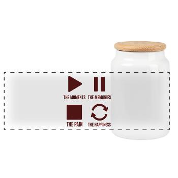 Mindfulness, Moments, Memories, Happiness - Panoramic Cookie Jar with Wooden Lid - white - Front