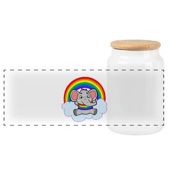 Colorful Baby Elephant Rainbow Cloud - Panoramic Cookie Jar with Wooden Lid - white - Front