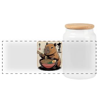 Capybara Ramen Art with Chopsticks - Panoramic Cookie Jar with Wooden Lid - white - Front
