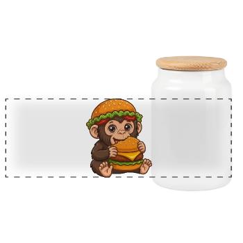 Cute Monkey with Burger Cartoon Motif - Panoramic Cookie Jar with Wooden Lid - white - Front