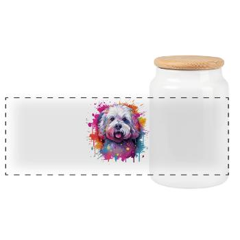 Colorful Bichon Fris Splash Art Dog - Panoramic Cookie Jar with Wooden Lid - white - Front