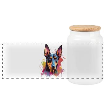 Dobermann Pinscher Hund Splash Art Farbige - Panorama Keksdose mit Holzdeckel - Weiß - Vorne