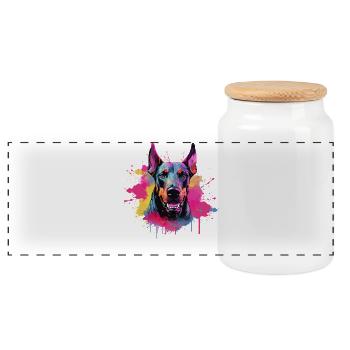 Dog Doberman Pinscher Colorful Splash Art - Panoramic Cookie Jar with Wooden Lid - white - Front