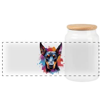 Lebendiges Dobermann-Splash-Porträt - Panorama Keksdose mit Holzdeckel - Weiß - Vorne