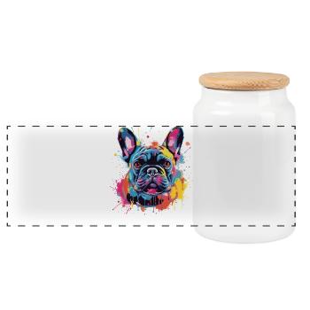 Colorful French Bulldog Dog Splash Art - Panoramic Cookie Jar with Wooden Lid - white - Front