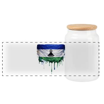 Lesotho Flagge in Tropfenkunst - Panorama Keksdose mit Holzdeckel - Weiß - Vorne