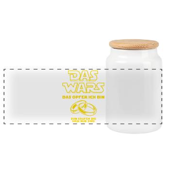JGA Das Wars. Das Opfer ich bin - Heiraten - Panorama Keksdose mit Holzdeckel - Weiß - Vorne