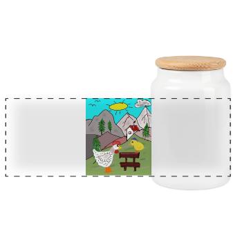 Rural Chicken Delight with Chicks Alps - Panoramic Cookie Jar with Wooden Lid - white - Front