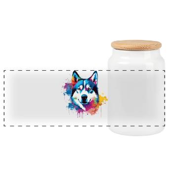 Bunter Husky Splash Art Hund - Panorama Keksdose mit Holzdeckel - Weiß - Vorne