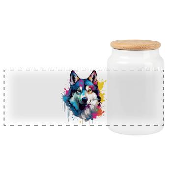 Dog Husky Bunte Spritzkunst - Panorama Keksdose mit Holzdeckel - Weiß - Vorne