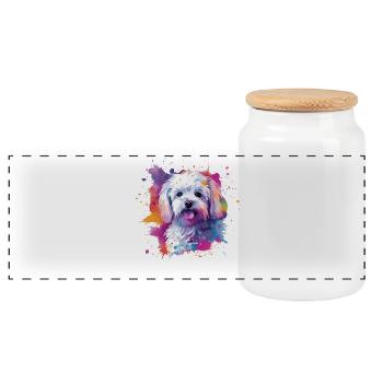 Maltese Colorful Dog Splash Art - Panoramic Cookie Jar with Wooden Lid - white - Front