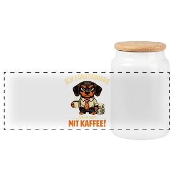 Ich funktioniere nur mit Kaffee lustiger Bürohund - Panorama Keksdose mit Holzdeckel - Weiß - Vorne