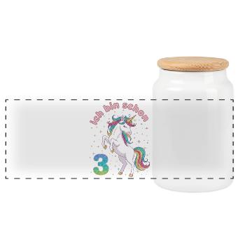 3. Geburtstag Einhorn Mädchen Ich bin schon 3 - Panorama Keksdose mit Holzdeckel - Weiß - Vorne