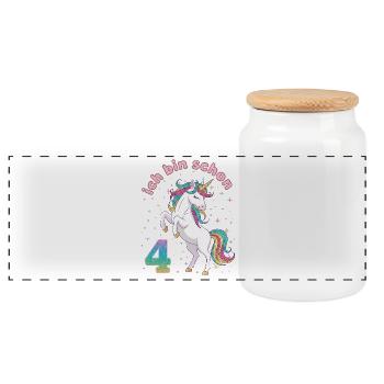 4. Geburtstag Einhorn Mädchen Ich bin schon 4 - Panorama Keksdose mit Holzdeckel - Weiß - Vorne