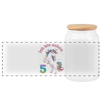 5. Geburtstag Einhorn Mädchen Ich bin schon 5 - Panorama Keksdose mit Holzdeckel - Weiß - Vorne