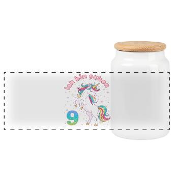 9. Geburtstag Einhorn Mädchen Ich bin schon 9 - Panorama Keksdose mit Holzdeckel - Weiß - Vorne