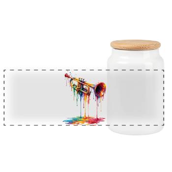 Trumpet with dripping paint - Panoramic Cookie Jar with Wooden Lid - white - Front