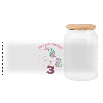 4. Geburtstag Einhorn Mädchen Ich bin schon 4 - Panorama Keksdose mit Holzdeckel - Weiß - Vorne