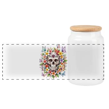 Plumeria Skull Flower - Panoramic Cookie Jar with Wooden Lid - white - Front