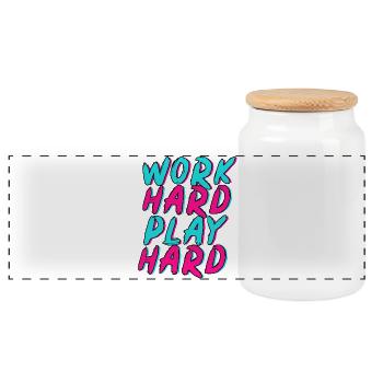 Work Hard Play Hard Neon Spaß - Panorama Keksdose mit Holzdeckel - Weiß - Vorne