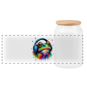 Color explosion frog with headphones - Panoramic Cookie Jar with Wooden Lid - white - Front