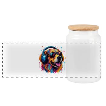 Colorful dog with headphones - Panoramic Cookie Jar with Wooden Lid - white - Front