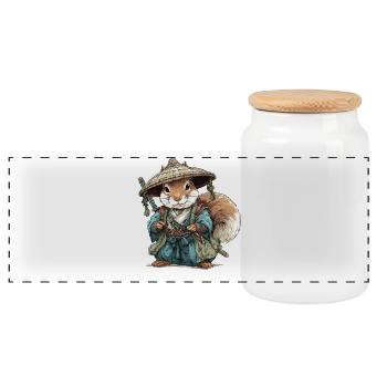 Squirrel Samurai in Blue Kimono - Panoramic Cookie Jar with Wooden Lid - white - Front