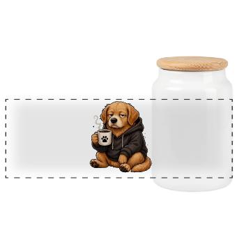 Kaffeehund im Hoodie - Panorama Keksdose mit Holzdeckel - Weiß - Vorne