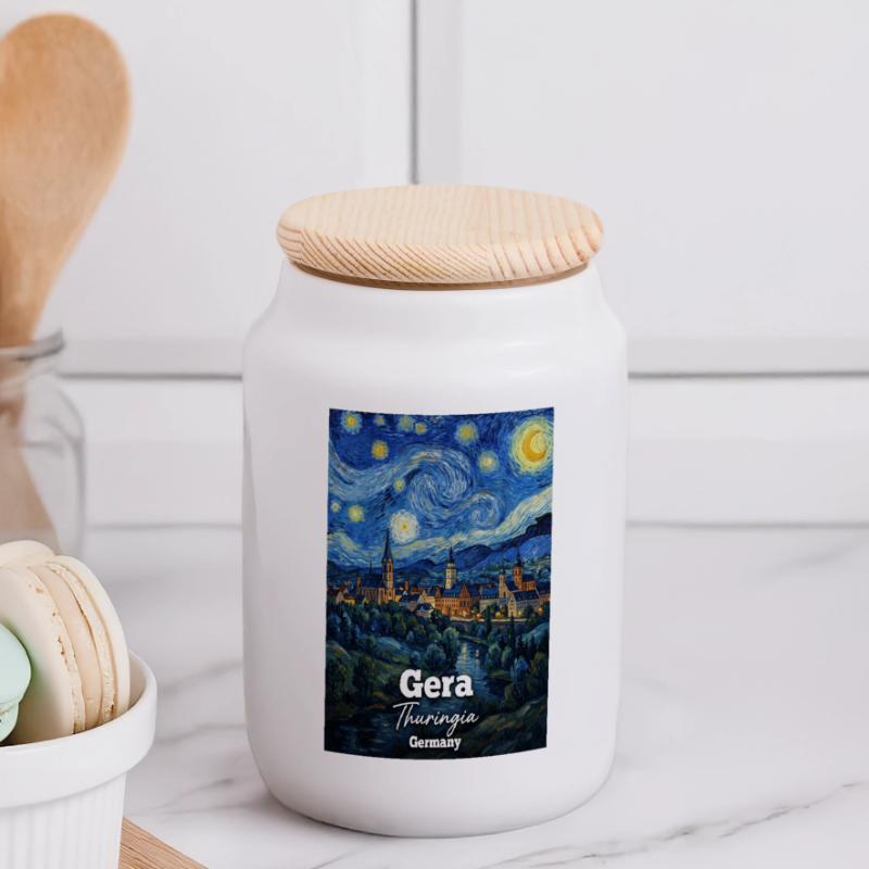 Gera Thuringia Germany Starry Night Panoramic Cookie Jar with Wooden Lid