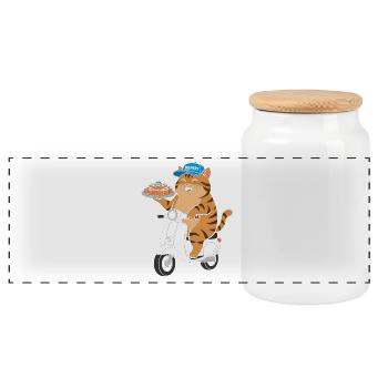 Cat Sushi Delivery on Scooter - Panoramic Cookie Jar with Wooden Lid - white - Front