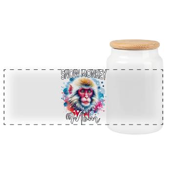 Snow Monkey Mom - Panoramic Cookie Jar with Wooden Lid - white - Front