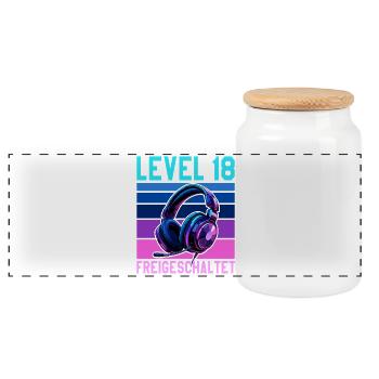 18. Geburtstag Junge Mädchen Gamer Level 18 - Panorama Keksdose mit Holzdeckel - Weiß - Vorne