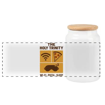 Holy Trinity | Wi-Fi Pizza Sleep - Panoramic Cookie Jar with Wooden Lid - white - Front
