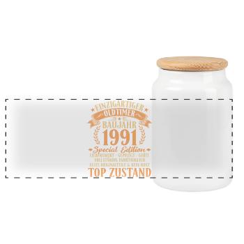 1991 Vintage Car 35th Birthday Gift Idea - Panoramic Cookie Jar with Wooden Lid - white - Front