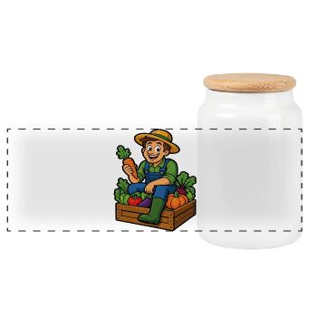 Farmer and harvest of the cheerful vegetable garden - Panoramic Cookie Jar with Wooden Lid - white - Front