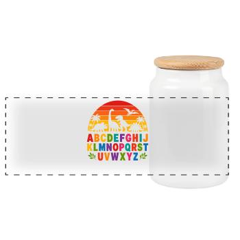 Regenbogen-Dino-Alphabet - Panorama Keksdose mit Holzdeckel - Weiß - Vorne