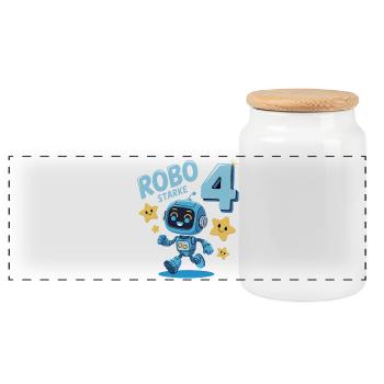 Robot Birthday Motif 4 Years Boy Gift - Panoramic Cookie Jar with Wooden Lid - white - Front