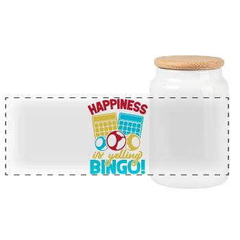 Bingo Game Happiness Is Yelling Bingo - Panoramic Cookie Jar with Wooden Lid - white - Front